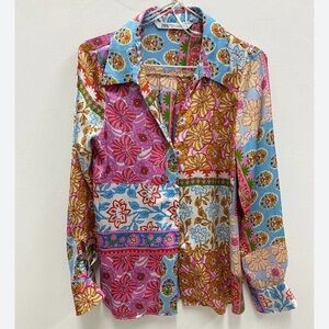Zara Patchwork Satin Long Sleeve Blouse Large Colorful